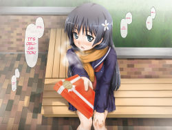 aru_ra_une bench black_hair blush breath flower gift hair_flower hair_ornament hard-translated highres incoming_gift long_hair obligation_chocolate saten_ruiko scarf school_uniform sitting third-party_edit toaru_kagaku_no_railgun toaru_majutsu_no_index translated tsundere valentine