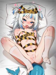 1girl anus bar_censor bdsm blue_eyes blue_hair blush bondage bound censored commentary condom english_commentary feet fins fish_tail gawr_gura hair_ornament heart highres hololive hololive_english loli looking_at_viewer lying mouth_hold multicolored_hair naked_ribbon navel nipples on_back paid_reward_available pussy ribbon ribbon_bondage shark_girl shark_hair_ornament shark_tail socks solo streaked_hair tail tenchi_mayo variant_set virtual_youtuber white_socks