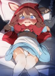 1boy 1girl animal_ears blue_eyes blush braid brown_hair cloak commentary_request dagasi deer_ears deer_girl ears_through_hood furry furry_female furry_male highres hood hood_up hooded_cloak hooves imminent_rape indoors little_red_riding_hood_(fairy_tale) little_red_riding_hood_(fairy_tale_character) loli long_hair open_mouth original panties pinned scared short_sleeves solo_focus tearing_up teeth thighhighs trembling twin_braids underwear upper_teeth_only wavy_mouth white_panties white_thighhighs wolf_boy
