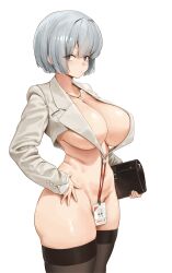 Rule 34 | 1girl, absurdres, black eyes, black thighhighs, breasts, censored, cleavage, clutch purse, cropped jacket, grey hair, grey jacket, hair between eyes, hand on own hip, handbag, highres, holding, id card, jacket, jewelry, lanyard, large breasts, long sleeves, mole, mole under eye, necklace, novelty censor, open clothes, open jacket, original, short hair, simple background, solo, thighhighs, white background, wonchun