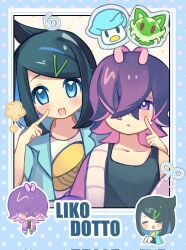 2girls :d black_hair black_shirt blue_eyes blue_jacket blush character_name closed_mouth collarbone colored_inner_hair cowlick dot_(pokemon) hair_ornament hair_over_one_eye hairclip hand_up highres jacket liko_(pokemon) multicolored_hair multiple_girls multiple_views nintendo open_mouth pokemon pokemon_(anime) pokemon_horizons purple_eyes purple_hair quaxly saridinism shirt single_off_shoulder smile sprigatito swept_bangs white_shirt yellow_bag