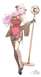 1girl black_gloves black_horns black_shoes black_thighhighs breasts brown_scarf character_request china_dress chinese_clothes cleavage_cutout clothing_cutout cloud_horizon commentary_request dress fishnet_thighhighs fishnets full_body gloves hand_on_own_chest high_heels holding holding_microphone_stand horns large_breasts long_hair looking_to_the_side microphone_stand open_mouth pink_hair purple_eyes red_dress scarf shengkai167 shoes simple_background single_thighhigh smile solo thighhighs virtual_youtuber white_background