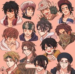 6+boys :&gt; ^_^ adam&#039;s_apple ahoge akune_rindo anger_vein animal_print arima_seigen asymmetrical_bangs averting_eyes bandana bandana_over_mouth baseball_cap black_eyes black_hair black_jacket blank_stare blonde_hair blue_eyes blush blush_stickers brown_eyes brown_hair brown_hoodie brown_jacket buster_bros!!! chain chain_necklace check_clothing clenched_teeth closed_eyes clothing_request collarbone collared_shirt cornrows covered_mouth cropped_shoulders curtained_hair desperado-004 douan_kazusato ear_blush earrings embarrassed expressionless film_grain fingerless_gloves fingernails flustered fur_hat furrowed_brow gloves gradient_hair green_bandana green_eyes hair_between_eyes hair_over_one_eye hand_on_own_chin hand_on_own_neck hands_up hat headphones headphones_around_neck heterochromia highres hood hoodie hoop_earrings hoozuki_jinpachi hypnosis_mic hypnosis_mic:_rule_the_stage jacket jewelry jikuuin_joubu jitome kokuri_ryouzan komagata_masamune layered_shirt letterman_jacket light_frown looking_at_viewer male_focus medium_hair mole mole_under_eye mole_under_mouth multicolored_hair multiple_boys multiple_moles multiple_rings necklace north_bastard onigawara_bombers open_hand open_mouth parted_bangs partially_unbuttoned peanut_mouth pink_background portrait purple_hoodie raised_eyebrows raised_inner_eyebrows red_eyes ring sanagi_kenei senzankou25 shirt short_hair shy sideburns single_blush_sticker smile spread_fingers streaked_hair stud_earrings sweat sweatdrop swept_bangs tareme teeth thick_eyebrows three-quarter_sleeves thumb_ring tiger_print tsurime turtleneck u_u undercut v-shaped_eyebrows wavy_hair white_hoodie wispy_bangs yagasaki_ibuki yamada_ichiro yamada_jiro yamada_saburo yellow_eyes yellow_hoodie yellow_jacket yougou_doushirou