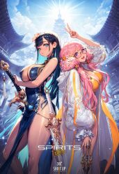 2girls absurdres black_hair blue_eyes blue_hair blunt_bangs breasts building cloud colored_inner_hair copyright_name day flower glasses hair_flower hair_ornament highres kim_hyung_tae large_breasts long_hair looking_at_viewer multicolored_hair multiple_girls nail_polish official_art open_mouth pelvic_curtain pink_eyes pink_hair project_spirits purple_eyes shift_up side_slit sky smile sword thighs third-party_source twintails v very_long_hair weapon
