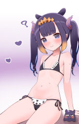 1girl ? arm_support bare_arms bare_shoulders bikini black_bikini blue_eyes blunt_bangs blush bright_pupils closed_mouth collarbone commentary_request drooling flat_chest gradient_background gradient_hair hair_ornament halterneck heart hololive hololive_english kani_bonara long_hair looking_at_viewer mole mole_under_eye multicolored_hair navel ninomae_ina&#039;nis orange_hair pointy_ears purple_hair side-tie_bikini_bottom sitting smile stomach string_bikini swimsuit takodachi_(ninomae_ina&#039;nis) tentacle_hair thighs twintails virtual_youtuber white_pupils
