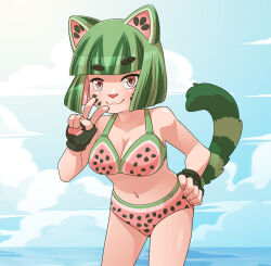 1girl :3 animal_ears animal_hands bare_arms bare_shoulders bikini blue_sky blunt_bangs blunt_ends bob_cut breasts cat_ears cat_girl cat_nose cat_tail cleavage closed_mouth cloud collarbone colored_inner_hair contrapposto cowboy_shot day fingerless_gloves gloves green_hair hand_on_own_hip hand_up indie_virtual_youtuber leaning_forward looking_at_viewer mary_cagle medium_breasts multicolored_bikini multicolored_hair nail_polish navel ocean original outdoors paw_gloves pink_hair pink_nails print_bikini red_eyes short_hair sky smile solo standing stomach swimsuit tail two-tone_hair v virtual_youtuber