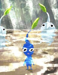 3others blue_pikmin facing_viewer full_body ice_pikmin leaf looking_at_viewer multiple_others nintendo open_mouth outdoors partially_submerged pikmin_(creature) pikmin_(series) pikmin_4 usuba_(hatomugip) water