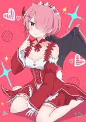 absurdres barefoot blush breasts demon_wings detached_sleeves hair_ornament hair_over_one_eye highres looking_at_viewer maid pink_hair ram_(re:zero) re:zero_kara_hajimeru_isekai_seikatsu short_hair small_breasts smile sunegg1112 wings x_hair_ornament