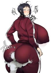 1boy 1girl age_difference anger_vein angry arms_at_sides backboob between_buttocks blue_eyes blush breasts confused covered_erect_nipples cowboy_shot cranky_(cranky3984) dekajiri_sensei_(cranky3984) face_in_ass gigantic_breasts grabbing_another&#039;s_ass groping gym_uniform highres hug jacket looking_back o_shiridaik_ki!_oshioki_sensei pants red_jacket red_pants size_difference smile standing tall_female track_jacket track_pants white_background