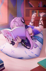 1girl absurdres arm_belt armlet ass bare_shoulders barefoot between_toes blue_skirt blue_sleeves book bracelet citlali_(genshin_impact) facial_mark feather_hair_ornament feathers feet forehead_mark genshin_impact hair_ornament highres holding_with_feet jewelry long_hair long_sleeves lying manga_(object) microskirt on_bed on_stomach open_book pencil pillow puppnet purple_hair purple_nails reading skirt soles solo thighs triangle triangle_facial_mark yae_miko