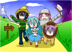 4girls all_fours animal_costume aqua_hair armor axe black_hair blue_eyes carrying chibi_miku closed_eyes cosplay cowardly_lion cowardly_lion_(cosplay) crossover dog dorothy_gale dorothy_gale_(cosplay) dress full_armor hair_down hamo_(dog) hat hatsune_miku helmet heterochromia long_hair minami_(colorful_palette) momone_momo multiple_girls o_o open_mouth outstretched_arms pantyhose pink_hair purple_hair red_eyes scarecrow_(the_wizard_of_oz) scarecrow_(twooz)_(cosplay) sign spread_arms the_wizard_of_oz tin_man_(cosplay) tin_man_(the_wizard_of_oz) toto_(the_wizard_of_oz) toto_(twooz)_(cosplay) utane_uta utau vocaloid weapon yokune_ruko |_|