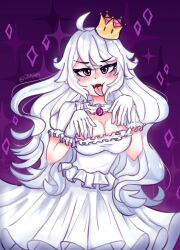 1girl breasts cleavage collar colored_tongue cosplay crown didy414 dress earrings frilled_collar frilled_dress frilled_gloves frills ghost_pose gloves highres jewelry long_hair long_tongue luigi&#039;s_mansion mario_(series) mini_crown new_super_mario_bros._u_deluxe nintendo pendant_collar princess_king_boo princess_king_boo_(cosplay) purple_tongue sharp_teeth sphere_earrings super_crown teeth tongue tongue_out waist_jewel white_dress white_gloves white_hair