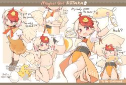 1girl :d adapted_costume animal animal_on_head bird bird_on_head blonde_hair boots bra breasts brown_boots character_name egg english_text full_body highres looking_at_viewer magical_girl medium_breasts multicolored_hair niwatari_kutaka on_head open_mouth panties red_eyes red_hair smile solo standing thighhighs to_be_continued touhou turnip_kabura two-tone_hair underwear underwear_only white_thighhighs wings yellow_bra yellow_panties
