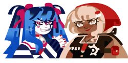 2girls amemiya_darumi armband black_hair black_shirt blonde_hair blue_hair bow brown_eyes collar crop_top dark-skinned_female dark_skin hands_up heart kawana_tsubasa long_hair long_sleeves looking_at_viewer multicolored_hair multiple_girls red_bow red_collar red_eyes red_lips red_nails safety_pin shirt striped_clothes striped_shirt the_hundred_line_-last_defense_academy- twintails upper_body white_background