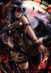 1girl ahoge albedo_(overlord) arm_strap asymmetrical_gloves axsen banned_artist black_bodysuit black_boots black_gloves black_hair black_wings bodysuit boots breasts cosplay covered_navel feathered_wings fingerless_gloves floating_hair gloves highres horns large_breasts long_hair looking_at_viewer nail_polish ninja_gaiden overlord_(maruyama) parted_lips rachel_(ninja_gaiden) rachel_(ninja_gaiden)_(cosplay) short_jumpsuit signature single_glove skindentation solo thigh_boots very_long_hair watermark wings yellow_eyes
