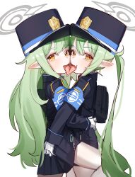 2girls absurdres armband backpack bag black_hat black_jacket black_skirt blue_archive blue_armband commentary_request earrings french_kiss gloves green_hair hat highres hikari_(blue_archive) holypotato0 incest jacket jewelry kiss korean_commentary long_hair long_sleeves multiple_girls nozomi_(blue_archive) open_mouth pantyhose peaked_cap pointy_ears siblings simple_background sisters skirt tongue tongue_out very_long_hair white_background white_gloves white_pantyhose yellow_eyes yuri
