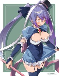 1girl black_ribbon blue_dress border breasts cleavage cowboy_shot crossed_bangs datemegane dress elbow_gloves garter_straps glasses gloves hat highres holding holding_staff isabelle_(shadowverse) large_breasts long_hair mini_hat mini_top_hat multicolored_hair open_mouth purple_hair ribbon shadowverse signature solo staff streaked_hair thighhighs top_hat twintails very_long_hair white_border white_streaks