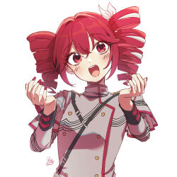 Rule 34 | 1girl, bow, buttons, drill hair, grey jacket, hair between eyes, hair bow, hands up, hashtag-only commentary, highres, jacket, kasane teto, kasane teto (sv), long sleeves, looking at viewer, open mouth, red eyes, red hair, red nails, shoulder belt, signature, simple background, solo, synthesizer v, teeth, twin drills, upper body, upper teeth only, white background, white bow, yuikannon