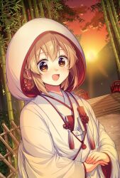 1girl :d bamboo bamboo_forest blonde_hair blush cloud commentary_request flower forest hair_flower hair_ornament hana_uta_memoire hood hood_up hooded_kimono ichinose_kei long_sleeves looking_at_viewer nature open_mouth orange_eyes outdoors red_flower sasaki_ume short_hair smile solo sun sunset upper_body wide_sleeves