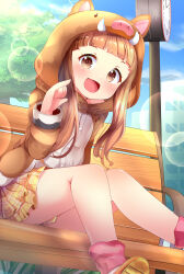 Rule 34 | 1girl, :d, animal ears, animal hood, aru (arudes), bare legs, blue sky, blunt bangs, brown eyes, brown hair, commentary request, feet out of frame, highres, hood, ichihara nina, idolmaster, idolmaster cinderella girls, long hair, long sleeves, looking at viewer, on bench, open mouth, outdoors, pleated skirt, sidelocks, sitting, skirt, sky, smile, solo