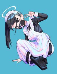 1girl 28_(282teeth) absurdres alternate_costume apron aqua_background black_dress black_eyes black_footwear black_hair black_mask blue_archive breasts commentary dress english_commentary enmaided halo highres legs_folded maid maid_headdress mask medium_breasts mouth_mask ponytail simple_background solo sukeban_(smg)_(blue_archive) v white_apron x