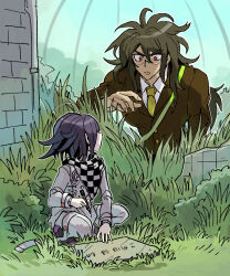 Rule 34 | 2boys, brown jacket, checkered clothes, checkered scarf, danganronpa (series), danganronpa v3: killing harmony, gokuhara gonta, grass, hair between eyes, highres, holding, holding marker, jacket, kumakoro (tetsupag), long sleeves, looking at another, male focus, marker, multiple boys, necktie, oma kokichi, open mouth, purple eyes, red eyes, scarf, shirt, squatting, translation request, white shirt, writing, yellow necktie
