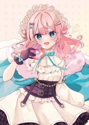 1girl :d asymmetrical_sleeves black_gloves blue_bow blue_cloak blue_eyes bow brown_background cloak commentary_request donut food fur-trimmed_cloak fur_trim gloves hair_bow hair_ornament hairclip hand_up highres holding holding_food long_sleeves looking_at_viewer open_mouth original pink_hair pleated_skirt puffy_long_sleeves puffy_sleeves purple_bow rino_cnc shirt skirt smile solo twitter_username white_shirt white_skirt