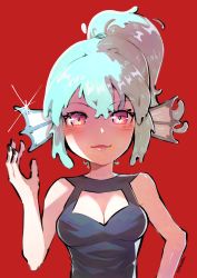 1girl absurdres alternate_costume black_dress black_nails blush cleavage_cutout clothing_cutout dress finana_ryugu fins fish_girl head_fins highres nail_polish nijisanji nijisanji_en open_hand ponytail portrait purple_eyes red_background red_eyes solo virtual_youtuber wokiiarts