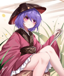 Rule 34 | 1girl, absurdres, blush, bowl, bowl hat, closed mouth, commentary, english commentary, grass, hat, highres, holding, holding needle, japanese clothes, kimono, light smile, long sleeves, looking at viewer, mini person, minigirl, needle, needle sword, obi, pink eyes, purple hair, red kimono, sash, signature, sitting, smile, solo, sukuna shinmyoumaru, thighs, top-exerou, touhou, wide sleeves
