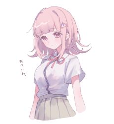 1girl blush breasts brown_hair brown_skirt collared_shirt danganronpa_(series) danganronpa_2:_goodbye_despair dress_shirt flipped_hair hair_ornament highres jacket looking_at_viewer medium_breasts medium_hair nanami_chiaki neck_ribbon no_jacket pink_eyes pink_ribbon pleated_skirt pote_(pote_39) ribbon shirt short_sleeves simple_background skirt solo spaceship_hair_ornament translation_request white_background white_shirt
