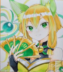 1girl animal_ear_fluff animal_ears bell blonde_hair blush breasts closed_mouth detached_sleeves fox_ears fox_girl gem green_eyes green_nails hair_between_eyes hand_fan highres holding holding_fan hu-li_the_jewel_mikanko japanese_clothes looking_at_viewer medium_breasts neck_bell nontraditional_miko smile solo ukyou_kuro upper_body yu-gi-oh!