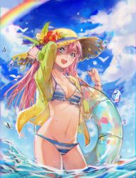 Rule 34 | bikini, blue bikini, blue eyes, blue sky, breasts, cleavage, cloud, cowboy shot, day, frilled bikini, frills, hat, highres, innertube, mento, navel, open clothes, open shirt, original, outdoors, pink hair, rainbow, shirt, sky, solo, standing, striped bikini, striped clothes, swim ring, swimsuit, wading, water, yellow hat
