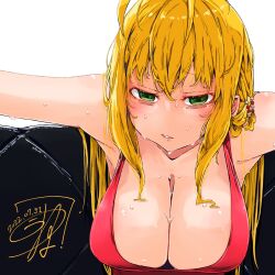 1girl antenna_hair bags_under_eyes beads blonde_hair breasts cleavage commentary_request empty_eyes green_eyes hair_beads hair_ornament highres hot kuuneru514 large_breasts long_hair looking_at_viewer outstretched_arms parted_lips sidelocks signature simple_background sleeveless solo sweat tsurumaki_maki upper_body very_sweaty voiceroid white_background
