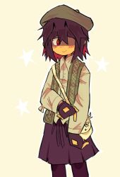 1other androgynous bag blush brown_hair deltarune dress hair_over_eyes highres kris_(deltarune) medium_hair multicolored_hair one_eye_in_shadow red_eyes seb_sketches shoulder_bag simple_background skirt smile solo two-tone_hair vest