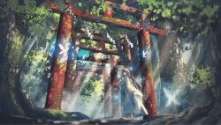 1girl blue_hakama bug butterfly dappled_sunlight foliage forest glowing_butterfly hakama highres insect japanese_clothes miko nature original scenery shimekake shrine solo standing sunlight torii tree wide_shot