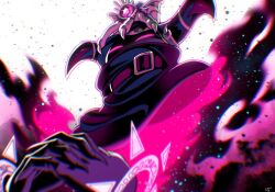 1boy commentary_request covered_mouth fire horns kirby_(series) looking_at_viewer looking_down magolor magolor_soul male_focus master_crown nintendo own_hands_together porta3948_5 purple_fire rayman_limbs squinting traitor_magolor