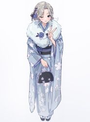 Rule 34 | 1girl, 2014, 2024, ;), aegyo sal, artist progress, bag, before and after, blue kimono, blush, commentary, comparison, fingernails, floral print, forehead, full body, fur-trimmed kimono, fur trim, furisode, grey hair, hair bun, hamafugu, handbag, highres, holding, holding bag, japanese clothes, kimono, long fingernails, looking at viewer, medium hair, multiple views, nail polish, obi, one eye closed, original, sash, simple background, single side bun, smile, tabi, v, w, white background, wide sleeves