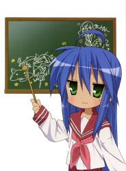Rule 34 | 1girl, :3, absurdres, ahoge, anime coloring, arm at side, blue hair, blur layer, chalkboard, closed mouth, drawing (object), green eyes, hair between eyes, hand up, highres, holding, holding pointer, holding stick, izumi konata, jitome, light blush, long hair, long sleeves, looking at viewer, lucky star, mole, mole under eye, neckerchief, official art, pointer, red neckerchief, red sailor collar, red trim, ryouou school uniform, sailor collar, scan, school uniform, simple background, solo, standing, stick, straight hair, third-party source, upper body, white background