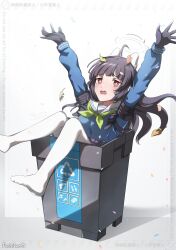 Rule 34 | 1girl, animal ear hairband, animal ears, arms up, black gloves, black hair, blue archive, blue jacket, blush, fake animal ears, gloves, green neckerchief, hairband, highres, in container, in trash can, jacket, leaf, leaf on head, long hair, looking at viewer, miyu (blue archive), neckerchief, no shoes, open mouth, pantyhose, puchikun, rabbit ear hairband, rabbit ears, red eyes, sailor collar, solo, trash can, white hairband, white pantyhose, white sailor collar