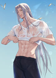 1boy abs aqua_eyes black_pants blue_background bug butterfly clothes_lift commentary cowboy_shot english_commentary final_fantasy final_fantasy_vii grey_hair highres insect jeriafterdark long_bangs long_hair male_focus muscular muscular_male navel pants parted_bangs parted_lips sephiroth shirt shirt_lift solo sunlight t-shirt twitter_username wet wet_clothes wet_shirt white_shirt yellow_butterfly