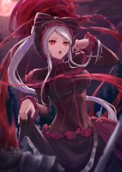 1girl black_dress blood bonnet bow breasts commentary_request dress fang grey_hair hand_up hemokinesis highres ito_t20a knight large_breasts long_hair long_sleeves looking_at_viewer medium_breasts moon night night_sky open_mouth outdoors overlord_(maruyama) ponytail red_eyes red_moon red_nails shalltear_bloodfallen skirt_hold sky solo solo_focus striped_bow vampire very_long_hair
