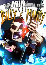 @_@ absurdres big_nose billy_(grim_adventures) black_eyes black_shoes blue_fire blue_shorts breath_weapon breathing_fire cloak copyright_name crossed_arms dress english_text fire grim_(grim_adventures) hairband hat highres holding holding_scythe hood hood_up hooded_cloak isaacchief300 mandy_(grim_adventures) open_mouth pink_dress scythe shoes short_sleeves shorts skeleton sleeveless sleeveless_dress smile the_grim_adventures_of_billy_&amp;_mandy