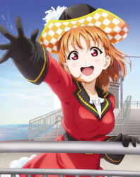 1girl black_gloves braid day dress gloves hat highres looking_at_viewer love_live! love_live!_sunshine!! official_art open_mouth orange_hair outdoors pirate red_dress red_eyes short_hair side_braid standing takami_chika