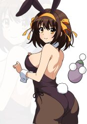 1girl animal_ears armpit_crease artist_logo ass backless_leotard bare_shoulders black_leotard breasts brown_eyes brown_hair brown_pantyhose closed_mouth commentary detached_collar english_commentary fake_animal_ears fake_tail hairband hands_up highres leotard logo looking_at_viewer medium_breasts orange_hairband pantyhose playboy_bunny rabbit_ears rabbit_tail short_hair sideboob simple_background smile solo suzumiya_haruhi suzumiya_haruhi_no_yuuutsu tail white_background wrist_cuffs yuiyu_ki zoom_layer