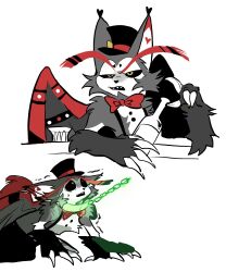 1boy all_fours animal_ears axontatsu bottle bow bowtie cat_ears chain chain_leash claws commentary english_commentary furry furry_male hat hazbin_hotel highres holding holding_bottle husk_(hazbin_hotel) leash male_focus multiple_views open_mouth red_bow red_bowtie sharp_teeth suspenders sweatdrop teeth top_hat trembling white_background wings