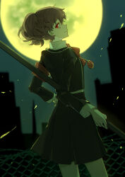 1girl absurdres black_jacket black_skirt blurry blurry_background bow bowtie brown_hair building chain-link_fence closed_mouth commentary_request eca_leaf fence full_moon gekkoukan_high_school_uniform highres holding holding_polearm holding_weapon jacket long_sleeves looking_at_viewer moon night night_sky outdoors persona persona_3 persona_3_portable polearm ponytail profile red_bow red_bowtie red_eyes school_uniform shiomi_kotone skirt sky solo weapon
