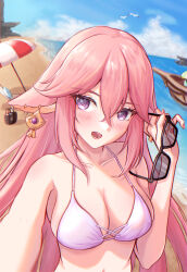 1girl absurdres animal_ears bare_shoulders bikini blue_sky breasts cloud collarbone commentary_request day unworn_eyewear fox_ears genshin_impact hair_between_eyes hand_up highres holding holding_removed_eyewear large_breasts long_hair looking_at_viewer navel open_mouth outdoors pink_bikini pink_hair purple_eyes sky solo stomach sunglasses swimsuit upper_body uting very_long_hair yae_miko