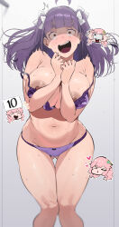 Rule 34 | 2girls, ahoge, blush, bow, bra, breasts, brown eyes, chofu noriko, gluteal fold, hair bow, highres, ikizulive! love live! bluebird, kanazawa miracle, large breasts, long hair, love live!, multiple girls, nipples, okpriko, open mouth, panties, pink hair, purple bra, purple hair, purple panties, standing, sweat, thigh gap, thighs, two side up, underwear, underwear only, white bow