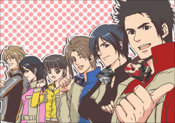 2girls 4boys akashi_satoru animification bad_id bad_pixiv_id black_theme blue_theme cellphone d-red gogo_sentai_boukenger inou_masumi jacket mamiya_natsuki minesaki_ryo multiple_boys multiple_girls nishihori_sakura phone pink_theme red_theme silver super_sentai takaoka_eiji yellow_theme