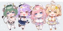 Rule 34 | 4girls, :&gt;, :d, :q, ;d, ahoge, anto mel, asymmetrical gloves, asymmetrical legwear, bell, beret, black shoes, blue dress, blue eyes, blunt bangs, blush, border, breasts, brooch, butterfly cutout, chibi, chibi only, cleavage, cleavage cutout, clothing cutout, cow girl, cowbell, dress, flower, full body, gloves, green eyes, green hair, grey background, grid background, hair flower, hair intakes, hair ornament, half-closed eyes, half crown braid, happy, hat, heart, heart ahoge, heart in eye, highres, horns, indie virtual youtuber, jewelry, kanola u, kanola u (vtuber), katy amaryllis, lace, lace border, large breasts, maid dolce, maid headdress, mini hat, mismatched gloves, mismatched legwear, multiple girls, neck bell, necktie, one eye closed, open mouth, orange necktie, orange shoes, ornate border, outline, pantyhose, pink eyes, pink hair, pleated dress, pointy ears, purple hair, revealing clothes, sayamagu, shoes, side-by-side, skirt, smile, sparkle, symbol in eye, thigh strap, thighhighs, tongue, tongue out, underboob, v, white flower, white hat, white outline, white pantyhose, white shoes, white thighhighs, wing collar, yellow flower, yellow horns, yellow skirt